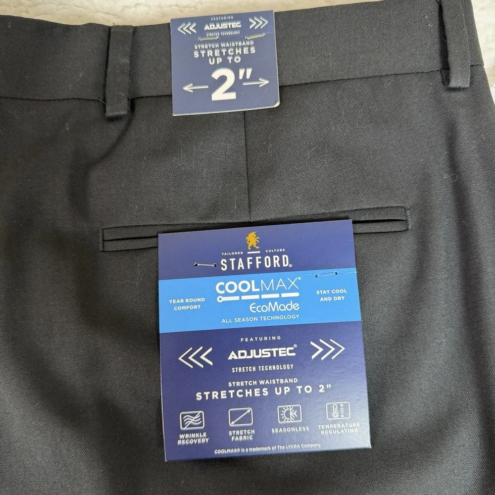 Men's 36x30 Stafford Coolmax All Season Ecomade Flat Front Black Suit Pant